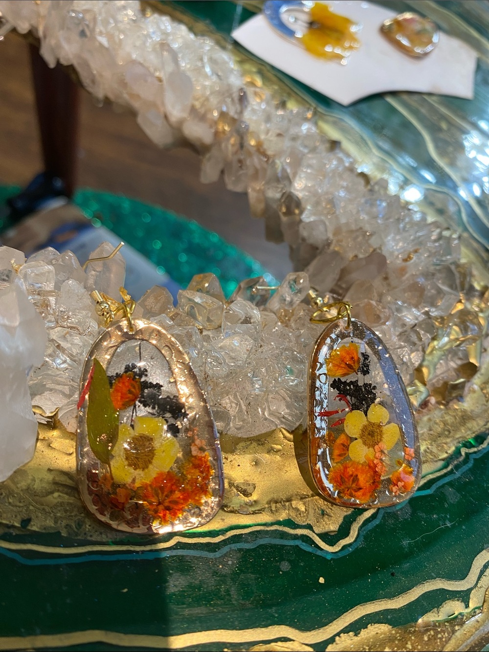 Handmade Floral Resin Drop Earrings - Gold & Orange
